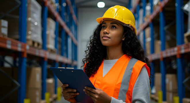 Young female warehouse worker checking inventory thoughtful expression logistics management - Powered by Adobe
