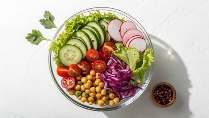 A clear bowl filled with a colorful salad of chickpeas vegetables and leafy greens on white surface