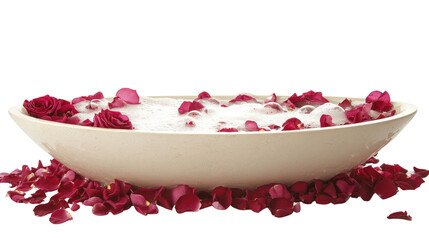 Luxury oval bathtub filled with bubble bath and rose petals, background isolated on a Transparent background, PNG file.