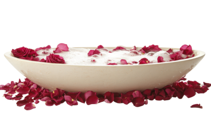 Luxury oval bathtub filled with bubble bath and rose petals, background isolated on a Transparent background, PNG file.