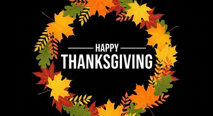 Happy Thanksgiving Wreath: Autumn Leaves Design, Fall Holiday Celebration Graphic