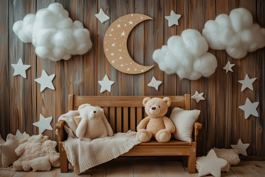 Cakesmash photography background of teddy bear and wooden bench with stars and fluffy clouds.