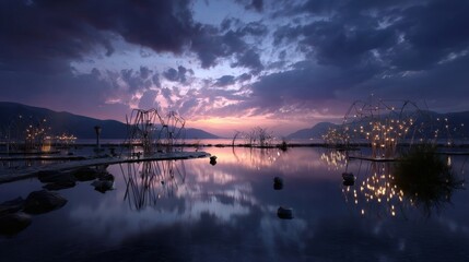 Naklejka premium Sunset over a calm lake with metallic sculptures rising from the water, their surfaces reflecting dusty blue and lavender clouds 