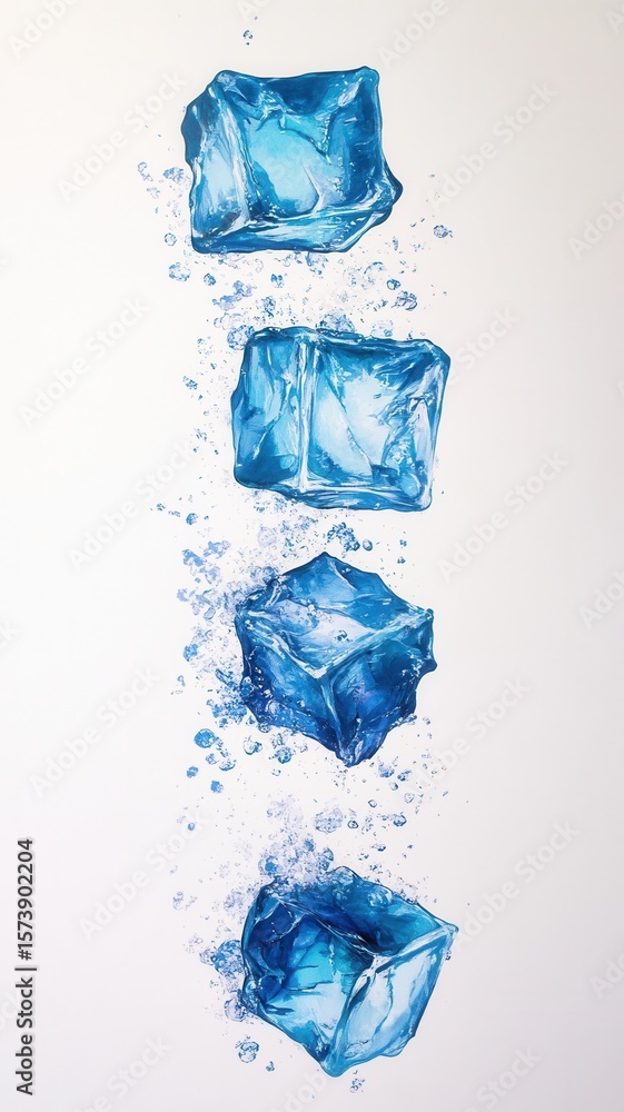 Aufkleber ice cubes falling against a bright white background, creating dynamic splashes and scattering refres