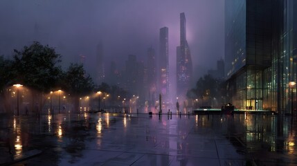 Rainy urban plaza at dusk, where puddles mirror silver skyscrapers and blurred lights in hues of dusty purple and gray 