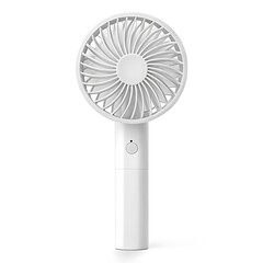 A portable white handheld fan with a circular head and cylindrical handle on a white background