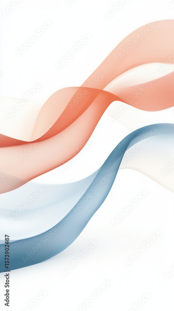 Poster sleek fluid red, blue waves intertwining, generating dynamic abstract pattern against pristine white