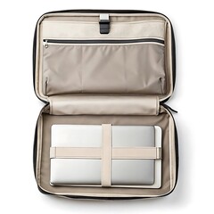 Open black laptop bag with beige interior and laptop secured by beige straps on a white background