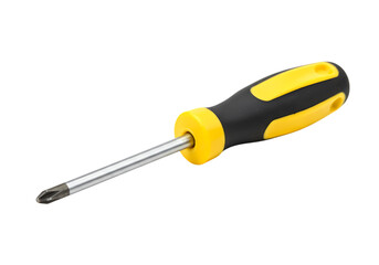 Closeup of a Phillips Head Screwdriver with Yellow and Black Ergonomic Handle isolated on transparent background
