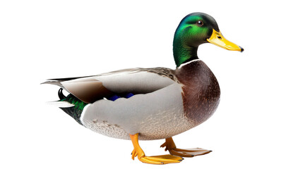Male duck with glossy green feathers and yellow beak, background isolated on a Transparent background, PNG file.