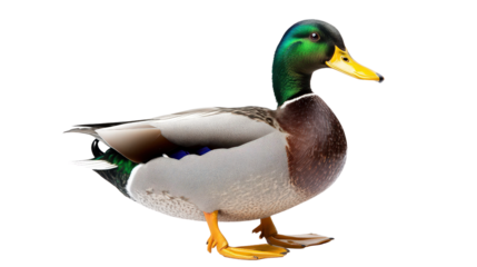 Male duck with glossy green feathers and yellow beak, background isolated on a Transparent background, PNG file.