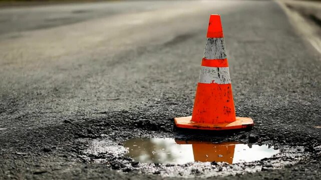 A bright orange traffic cone is positioned next to a puddle in a pothole on a textured road surface.