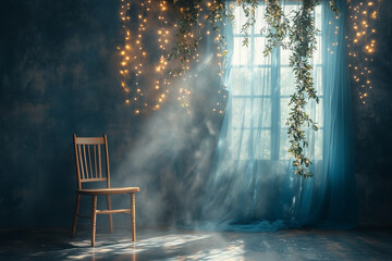 Maternity, wedding, photography backdrop of gentle flowing blue tulle fabric  and olive leaves  garland