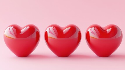Three glossy red hearts on pink background; Valentine's Day design