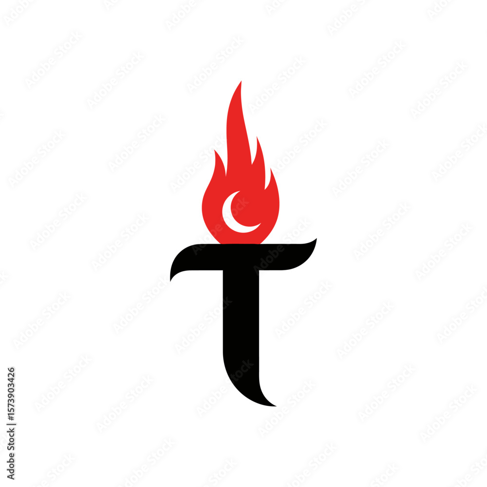Poster a stylized image of a torch with a red flame and a crescent moon on a white background design