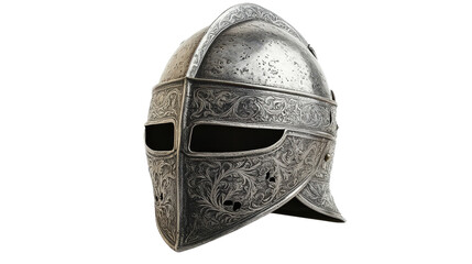 Medieval knight's helmet, steel with decorative engraving, background isolated on a Transparent background, PNG file.