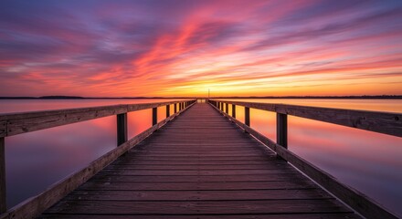 Fototapeta premium Serene Sunset Pier on Calm Lake - Peaceful sunset over still lake water, wooden pier extending towards horizon. Symbolizes tranquility, hope, journey, reflection, and serenity