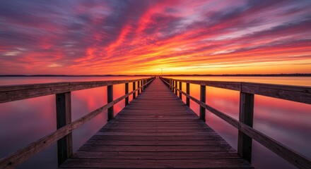 Serene Sunset Pier on Calm Lake - Peaceful sunset over still lake water, wooden pier extending towards horizon, vibrant sky colors, tranquility, serenity.