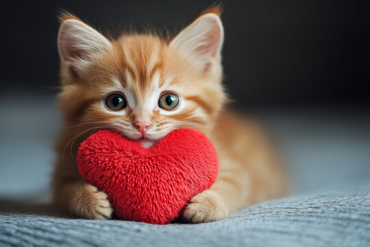 Cute ginger kitten holding a red heart - Powered by Adobe
