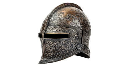 Medieval knight's helmet, steel with decorative engraving, background isolated on a Transparent background, PNG file.
