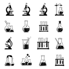 Science Lab Equipment Icons Microscopes, Flasks, Test Tubes, and More