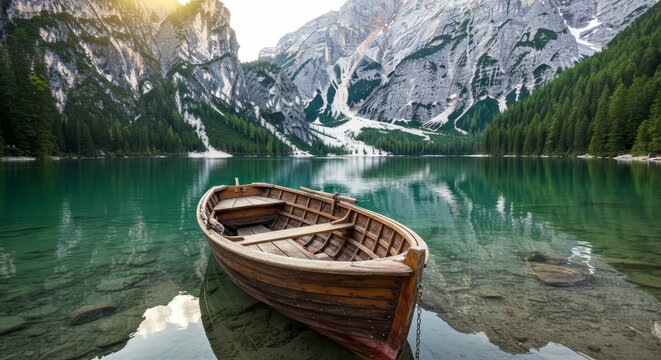 Serenity on the Alpine Lake - A wooden rowboat rests on a pristine alpine lake, reflecting majestic mountains and tranquil waters. Symbolizing peace, nature, adventure, solitude, and escape