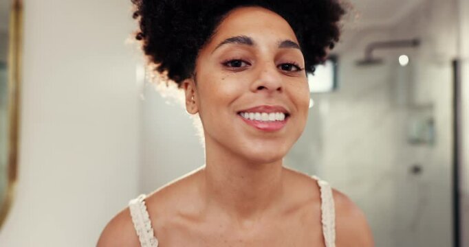 Floss pick, kiss and face of woman in bathroom for morning, oral hygiene and routine. Cleaning teeth, wellness and fresh breath with person in home for smile POV, healthy gums and grooming with tool