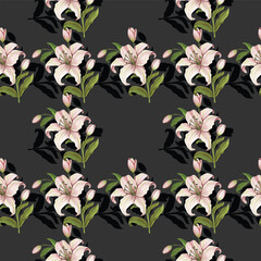 Seamless pattern of pink and green lily flowers on a black background with lily shadows.