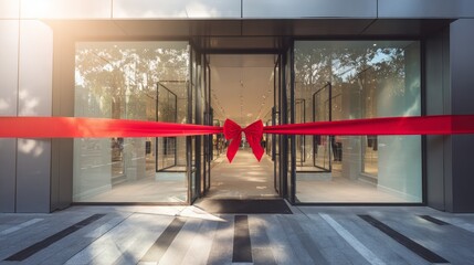 Grand opening of a modern boutique with red ribbon cutting ceremony, clean glass storefront and minimalist decor with copy space. New business launch, retail shop concept, luxury shopping experience a