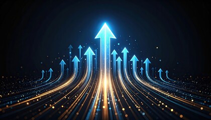 Abstract digital upward arrows on dark background