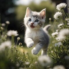 Obraz premium Happy White and Gray Kitten Running Through a Flower Field