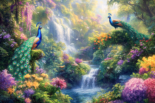 Majestic peacocks in a lush waterfall garden vibrant - Powered by Adobe