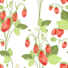 Elegance seamless pattern with watercolor strawberry branches isolated in transparent.