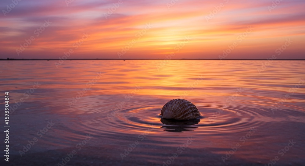 Poster sunset seashell ripples - a single seashell rests gently on calm water, creating subtle ripples. the