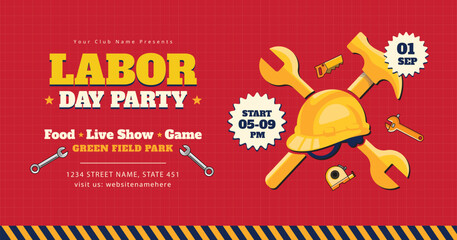 Labor Day Party Banner with Hard Hat and Construction Tools
