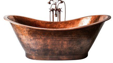 Metallic copper bathtub with hammered texture and antique finish, background isolated on a Transparent background, PNG file.