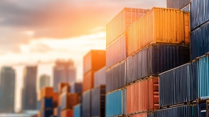 Stacked shipping containers in port representing global logistics and international trade, supply chain management and import export business concepts.