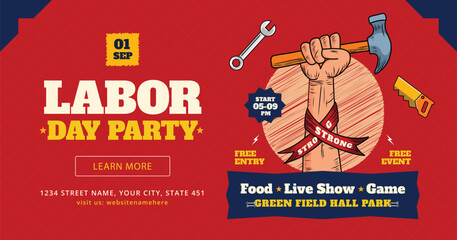 Happy Labor Day Event Banner with Hand Holding Hammer and Tools