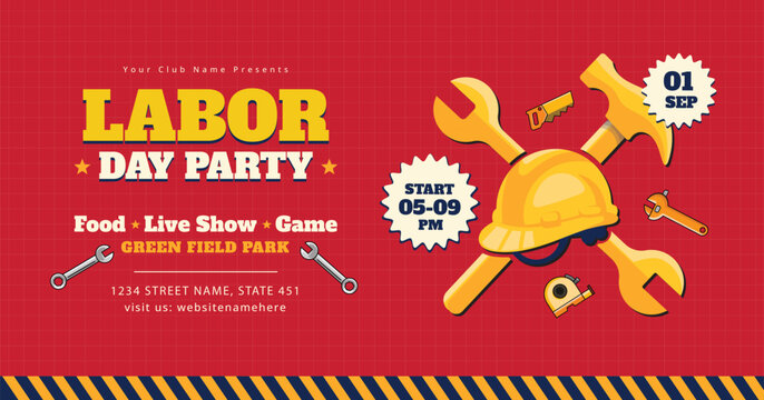 Labor Day Party Banner with Hard Hat and Construction Tools