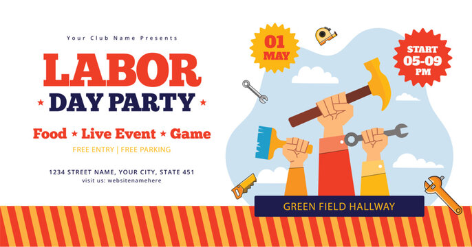 Happy Labor Day Event Banner with Hand Holding Hammer and Tools