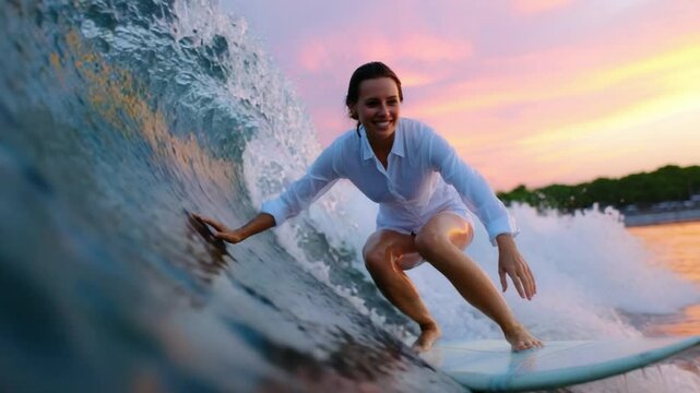 Surfing the Sunset Wave: A woman fearlessly carves through the ocean, riding a cresting wave at sunset, framed by an azure sky. This scene radiates energy, focus, and joy.