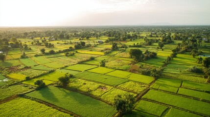 Aerial view of vast farmland with green crops divided into neat plots, symbolizing land leasing contracts and sustainable agriculture. Agricultural business concept.