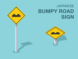 Traffic regulation rules. Isolated japanese "bumpy road" road sign. Front and top view. Flat vector illustration template.