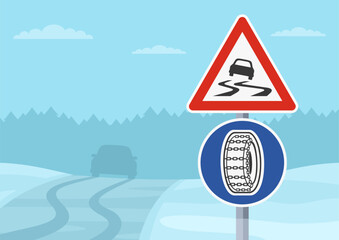 Car driving rules and tips. Close-up of a "slippery road and mandatory usage of snow chains" signs. Winter season country frozen road scene. Flat vector illustration template.