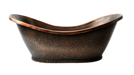 Metallic copper bathtub with hammered texture and antique finish, background isolated on a Transparent background, PNG file.