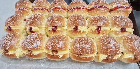 Cream-Filled Bakery Buns with Jam and Caramel