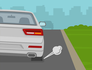 Close-up view of punctured rear tire. Back view of a white sedan car on road. Flat vector illustration template.