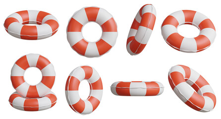 Realistic 3D inflatable swim ring icon set in red and white. High-quality rubber pool float design, perfect for summer, poolside, travel, and vacation-themed visuals. © KWstudio