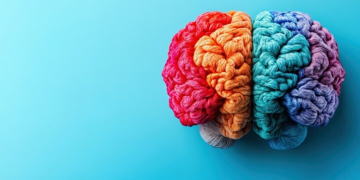 A colorful, knitted brain model divided into four vibrant segments on a blue background.