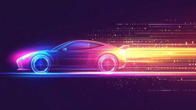 Neon sports car speeding, digital trail, dark background, futuristic advert